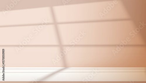 Background Beige Wall Studio Room with Light,Shadow on Table Top,Orange Backdrop for Autumn product presentation,Empty 3D Display Kitchen Room with Stand for Fall season Web Banner