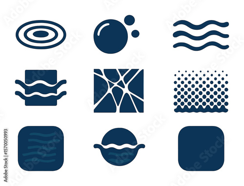 Underwater Distortion Icons. Solid, filled icons set of underwater distortion visuals: water ripple, bubble