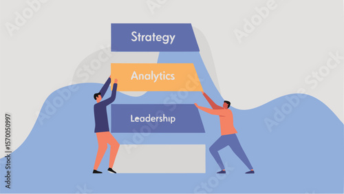 Two individuals collaborating to build a structure labeled strategy analytics and leadership in a team setting