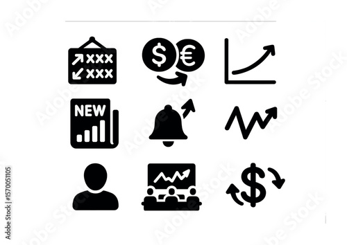 Financial Market Icons. Solid, filled icons set of financial markets response: stock ticker, forex exchange,