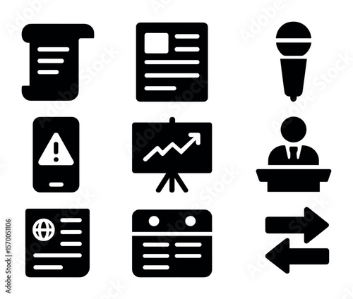 Banking Communication Icons. Solid, filled icons set of banking communication: policy statement scroll, press