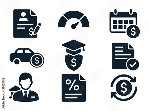 Consumer Loan Icon Set. Solid, filled icons set of consumer borrowing: personal loan contract, credit score