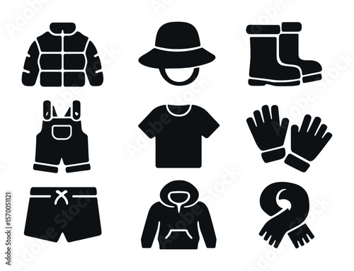 Children's Fashion Icons. Solid, filled icons set of children’s fashion and seasonal clothing: puffer jacket,