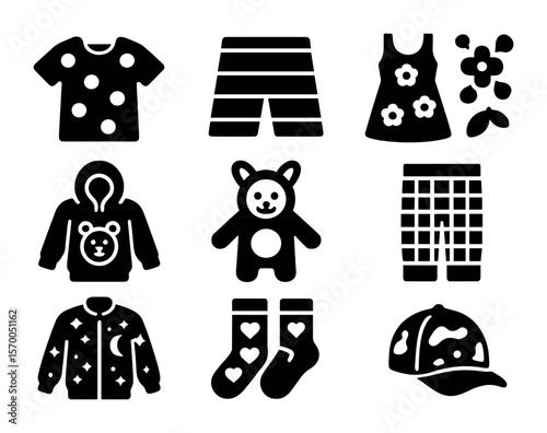 Kids Fashion Icons. Solid, filled icons set of kids fashion patterns and prints: polka dot tee, striped shorts