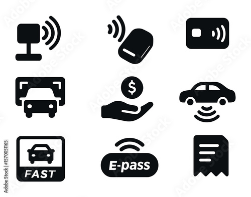 Electronic Toll Icons. Solid, filled icons set of electronic toll collection: RFID reader, toll tag device,