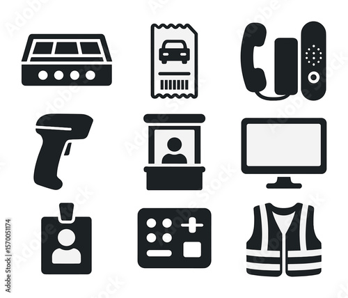 Toll Booth Essentials. Solid, filled icons set of toll booth operator essentials: cash drawer, printed ticket,