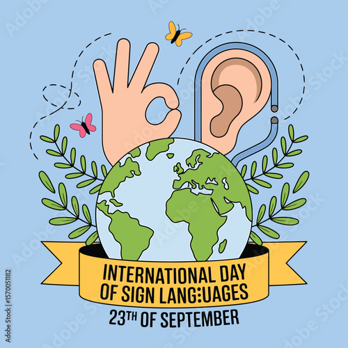 International Day of Sign Languages Illustration Featuring a Hand Gesture, Ear, Globe