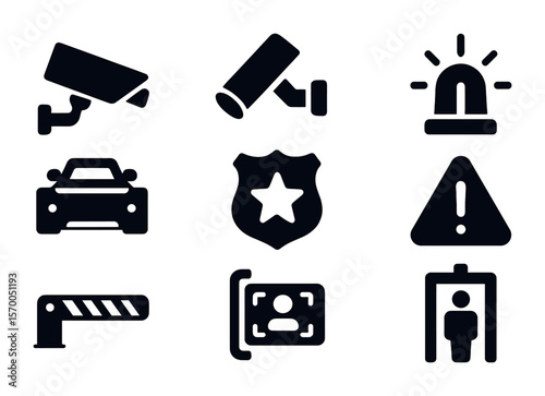 Security Icons Grid. Solid, filled icons set of security and surveillance at tolls: CCTV camera, searchlight,
