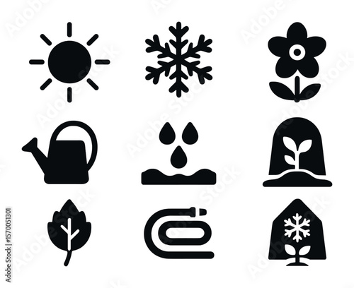 Seasonal Plant Care Icons. Solid, filled icons set of seasonal plant care: summer sun icon, winter frost icon,