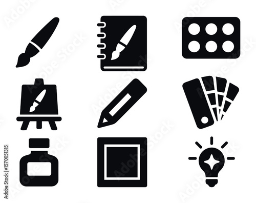Artistic Icons Grid. Solid, filled icons set of artistic self-expression: paintbrush, sketchbook, watercolor