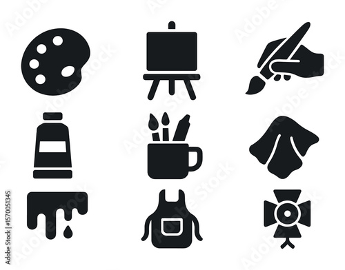 Art Tools Icons. Solid, filled icons set of painting sessions: artist palette, canvas stand, brush in hand,
