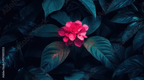 Vibrant pink flower amidst dark tropical foliage