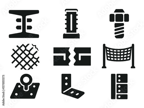 Structural Safety Icons. Solid, filled icons set of structural safety features: reinforced beam, concrete
