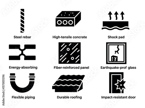 Resilient Building Materials Icons. Solid, filled icons set of resilient building materials: steel rebar, high
