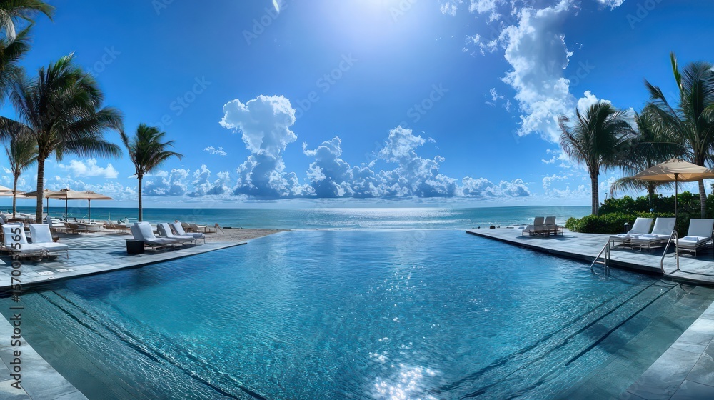 Modern luxury beachside pool with crystal-clear water reflecting the sky Modern luxury beachside pool with crystal-clear water reflecting the sky