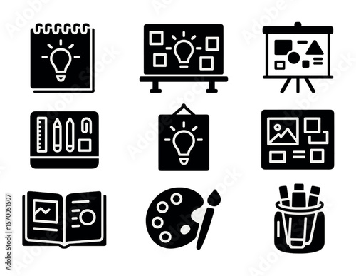 Creative Workspace Icons. Solid, filled icons set of creative coworking spaces: sketchpad, idea wall, concept