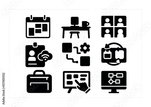 Hybrid Workspace Icons. Solid, filled icons set of hybrid and remote workspaces: hybrid calendar, home desk