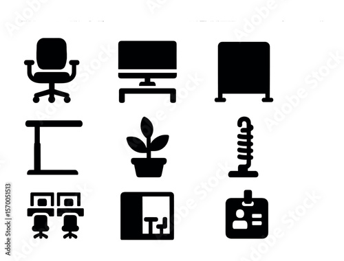 Modern Workspace Icons. Solid, filled icons set of modern workspace layout: ergonomic chair, monitor stand,