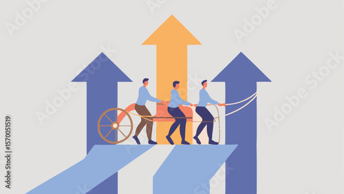 Three men pulling a chariot with a wheel up arrows symbolizing growth and teamwork towards success goal