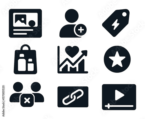 Influencer Marketing Icons. Solid, filled icons set of influencer marketing strategies: social media post,