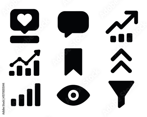 Influencer Metrics Icons. Solid, filled icons set of influencer engagement metrics: likes counter, comment