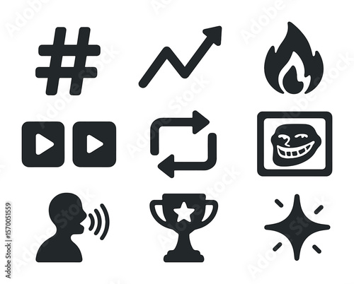 Viral Campaign Icons. Solid, filled icons set of viral campaign tools: hashtag symbol, trending arrow, viral