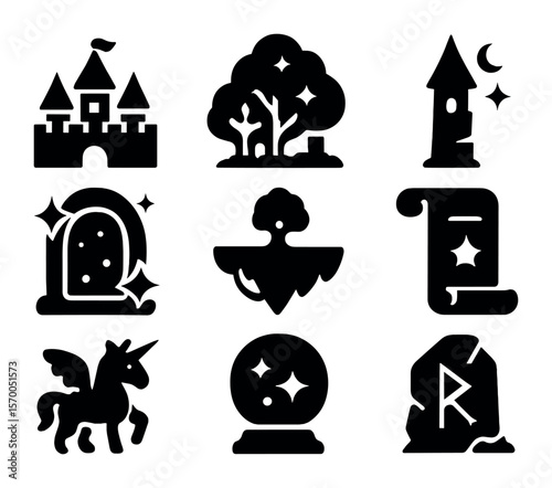 Magical Icon Collection. Solid, filled icons set of magical realms: enchanted castle, glowing forest, wizard
