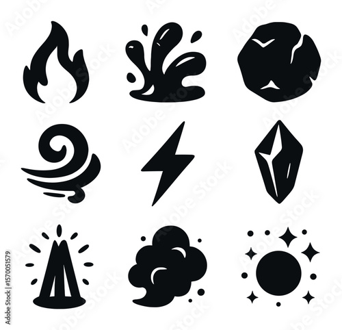Elemental Magic Icons. Solid, filled icons set of elemental magic: fire spell, water splash, earth boulder,