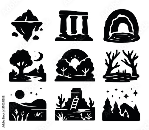 Mystical Landscape Icons. Solid, filled icons set of mystical landscapes: floating mountain, ancient ruins,