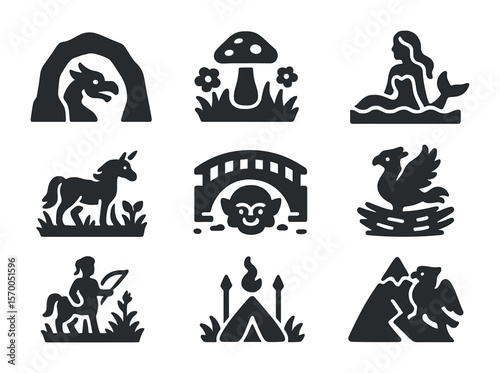 Magical Creatures' Habitats Icons. Solid, filled icons set of magical creatures’ habitats: dragon cave, fairy