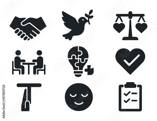Conflict Resolution Icons. Solid, filled icons set of conflict resolution tools: handshake, peace dove, scale