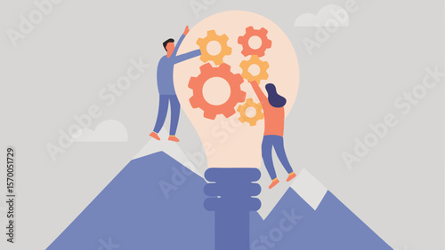 Teamwork constructing an idea: people placing gears inside a lightbulb atop mountain peaks illustration