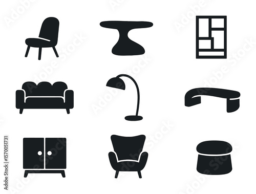 Modern Furniture Icons. Solid, filled icons set of creating a focal point with bold furniture pieces: accent