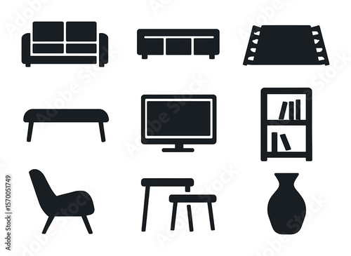 Modern Living Room Icons. Solid, filled icons set of modern living room elements: sectional sofa, sleek media