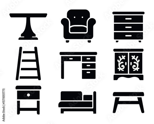 Custom Furniture Icons. Solid, filled icons set of custom-made furniture ideas: bespoke dining table, tailored