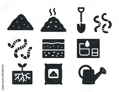 Garden Soil Icons. Solid, filled icons set of garden soil: soil mound, compost pile, shovel, earthworms, soil