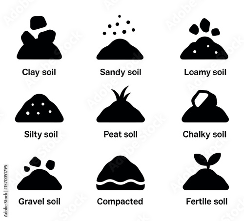 Soil Type Icons. Solid, filled icons set of soil types: clay soil, sandy soil, loamy soil, silty soil, peat