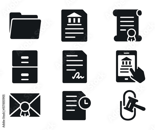Legal Icons Set. Solid, filled icons set of legal documentation: case folder, court notice, affidavit scroll,