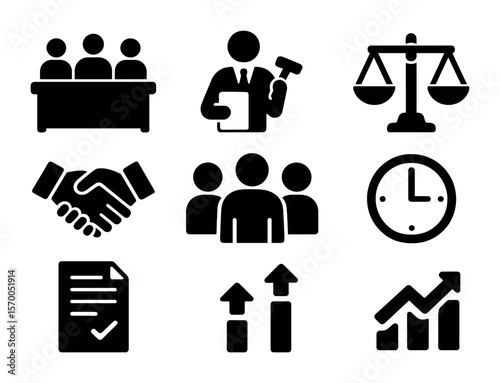 Dispute Resolution Icons. Solid, filled icons set of dispute resolution: mediation table, arbitration icon,