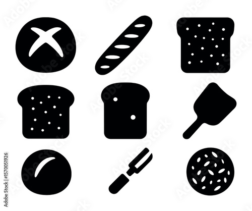 Artisan Bread Icons. Solid, filled icons set of artisan bread: sourdough loaf, baguette, ciabatta, rye bread,