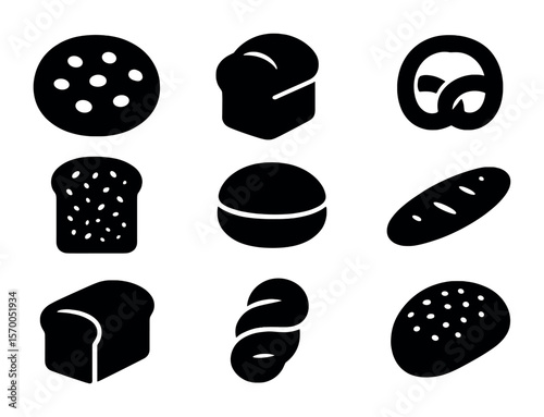 Bread Types Icons. Solid, filled icons set of bread types: focaccia, brioche loaf, pretzel bun, multigrain