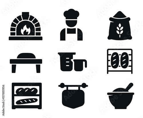 Bakery Icon Set. Solid, filled icons set of bakery environment: wood-fired oven, baker with apron, flour sack,