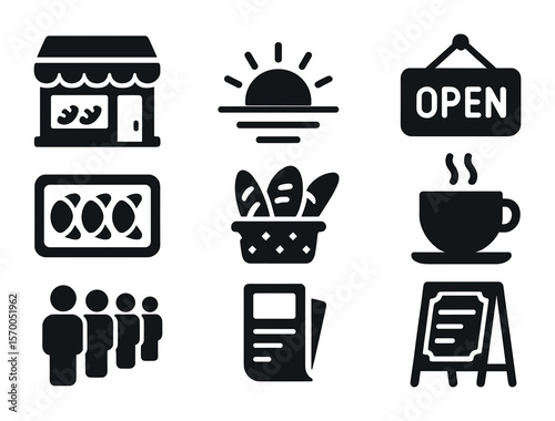 Morning Bakery Icons. Solid, filled icons set of morning bakery scenes: bakery storefront, morning light, open