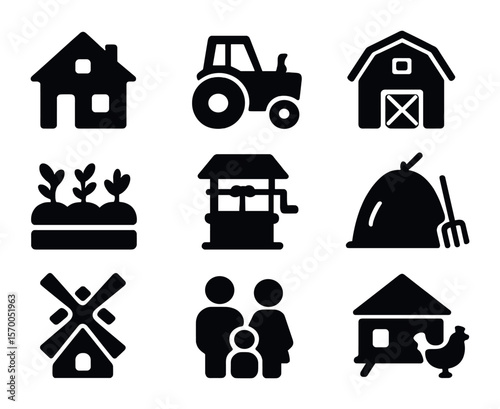 Rural Life Icons. Solid, filled icons set of rural family life and agriculture-based homes: farmhouse, tractor