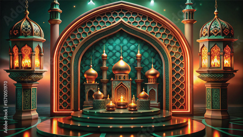 Illuminated Mosque: A stunning digital artwork showcasing a meticulously crafted mosque, adorned with intricate details and vibrant colors. The scene is bathed in a warm, inviting glow.