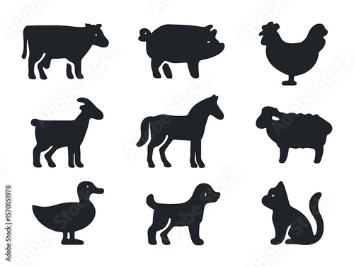 Animal Icon Grid. Solid, filled icons set of livestock and animals: cow, pig, chicken, goat, horse, sheep,