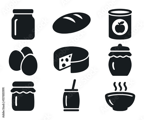 Homemade Food Icons. Solid, filled icons set of homemade food and preserves: mason jar, bread loaf, canned