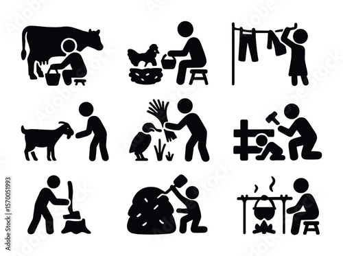 Rural Chores Icons. Solid, filled icons set of daily rural chores: milking cow, collecting eggs, hanging