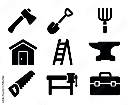 Rustic Tools Icons. Solid, filled icons set of rustic tools and objects: axe, shovel, pitchfork, tool shed,