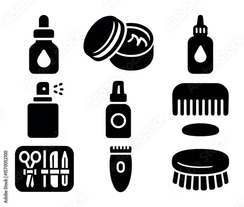 Men's Grooming Icons. Solid, filled icons set of men’s grooming products: beard oil, pomade tin, hair wax,